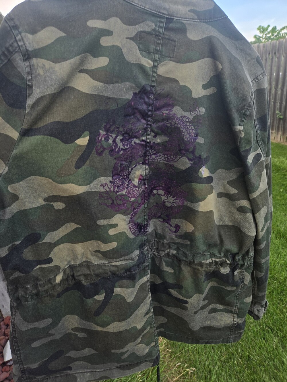 “Camouflage Dragon Jacket – Boho Streetwear Statement Piece, Artistic Upcycled - Picture 10 of 11